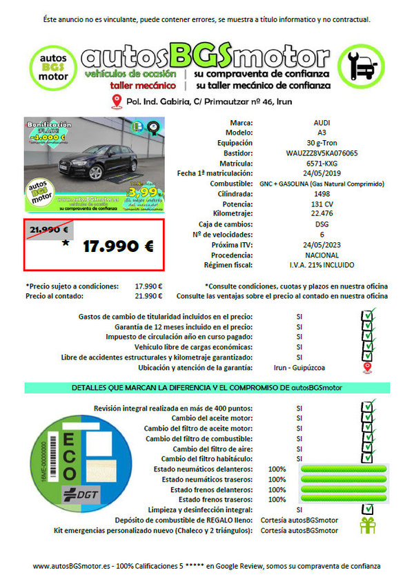 AUDI A3 Sportback 30 G-TRON GNC (Gas Natural Comprimido + Gasolina)